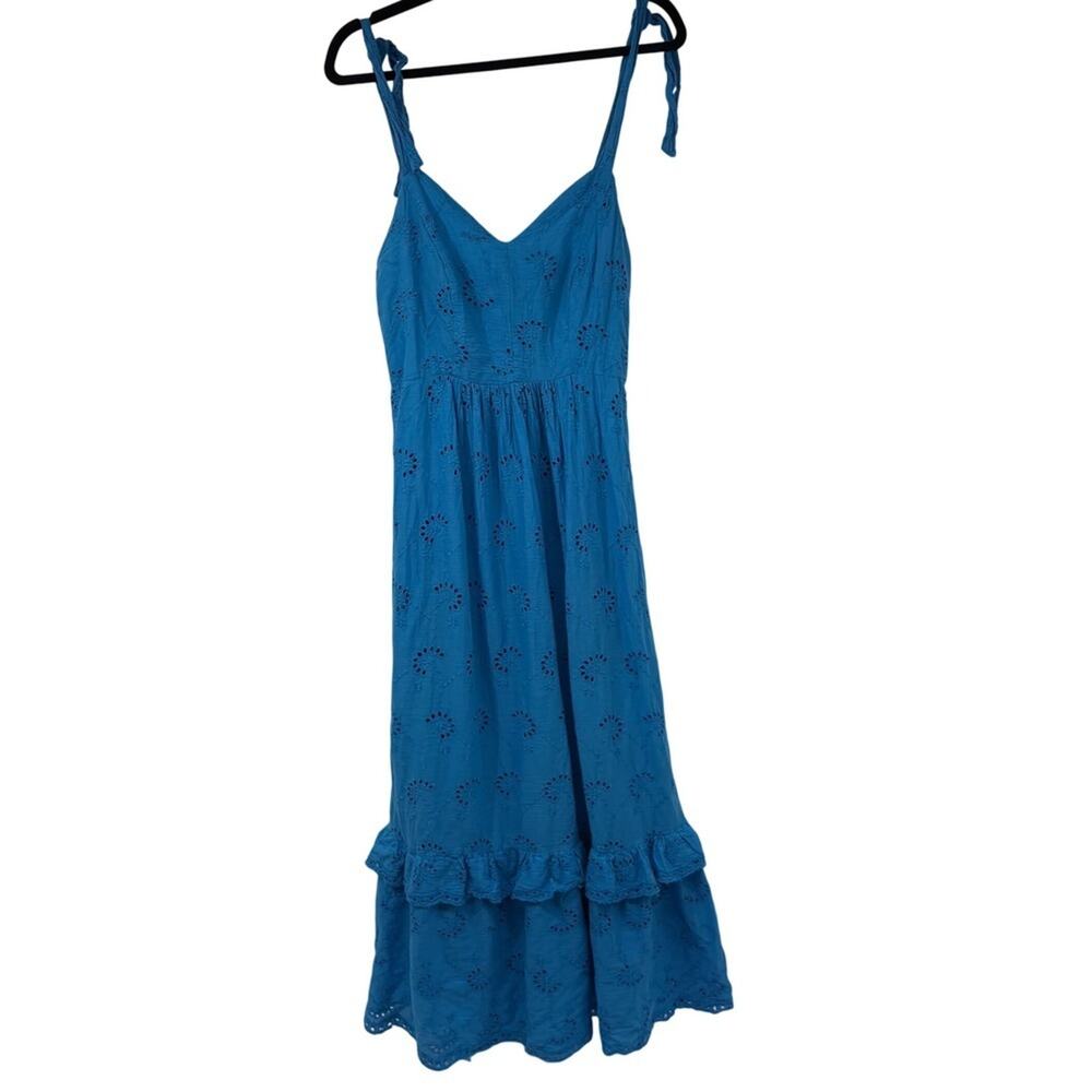 Taylor Blue Eyelet Smocked Adjustable Tie Straps Maxi Dress